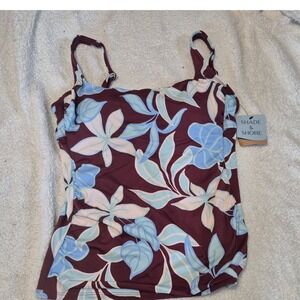 Shade & Shore Womens Tropical Floral Tankini Swim Top Burgundy Blue XL 16 NWT
